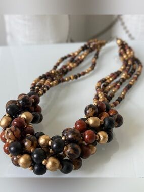 Earth Tone Multi Strand Chunky Wood Beaded Statement Clasp Necklace